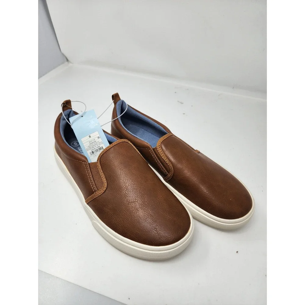 Cat & Jack Boys Slip On Sneakers Brown Faux Leather Casual Size 6